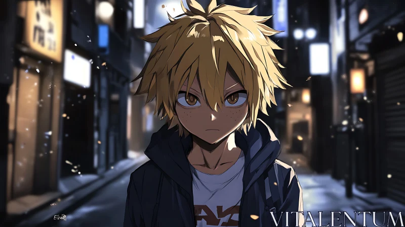 Determined blond teen stands alone in moody neon alleyway