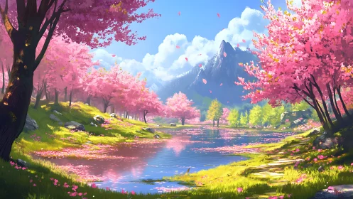 Chromatic spring valley with reflective lake and alpine ridge.