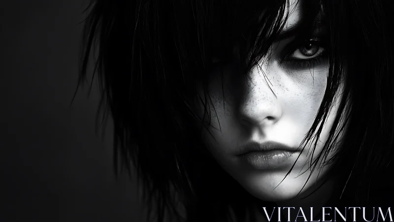 Moody monochrome portrait with soft, searching eyes.