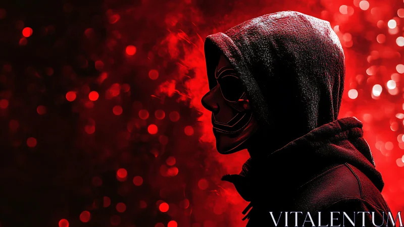 Hooded phantom in neon red haze and glitching night shadows.