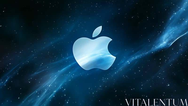 Cosmic apple logo sails through a swirling sapphire nebula