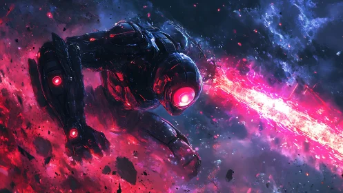 Armored combat mech charges through cosmic energy beam