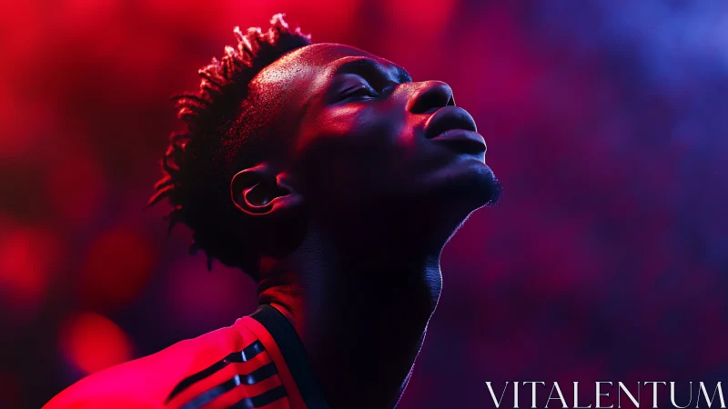 Side profile portrait under red and blue studio lighting.