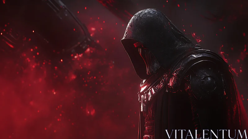 Hooded armored figure stands in red glowing particle field