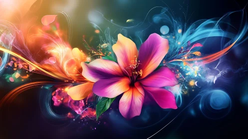 Digital hibiscus flower with abstract light trails on dark.