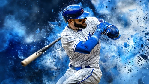 Kinetic baseball swing amid explosive blue vectorized particles.