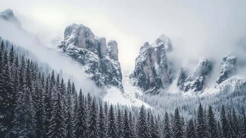 Snow-clad alpine peaks rising above dense conifer forest.
