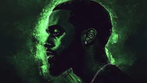 Moody green digital portrait of man in side profile view.