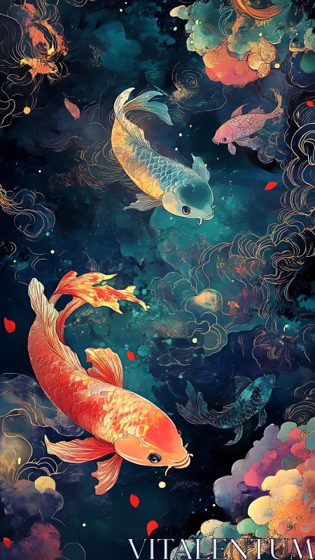 Koi fish in stylized aquatic environment with swirling clouds.