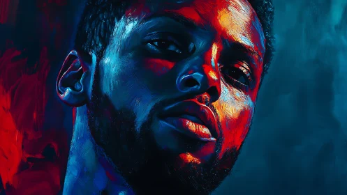 Neon ember portrait bathes a resolute gaze in molten color.