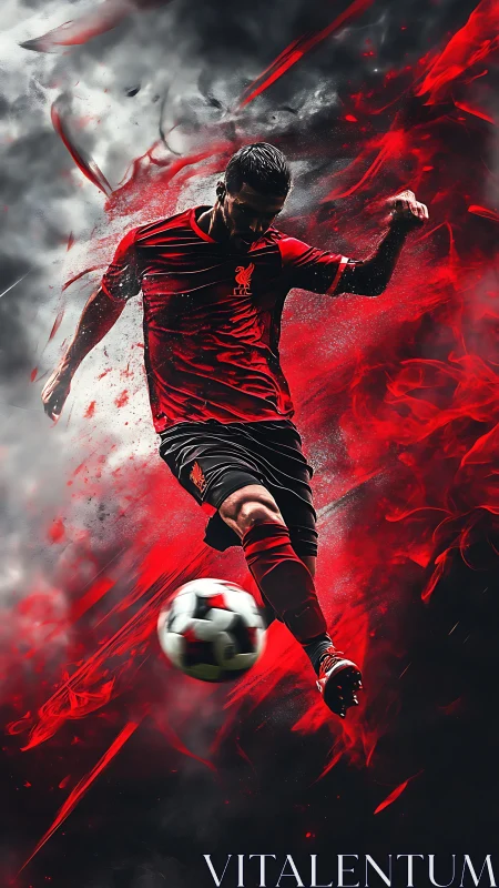 Dynamic football striker in red kit amid red smoke trails