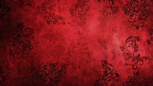 Deep Crimson Damask Textile Surface with Baroque Floral Motifs