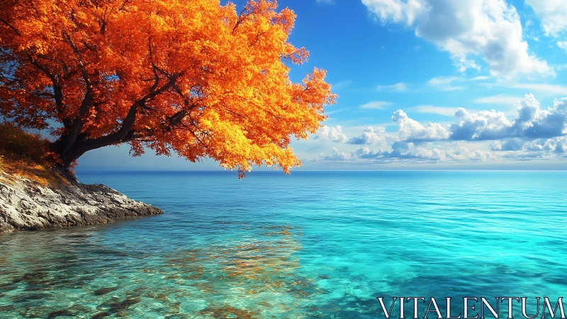 Flaming autumn tree crowns a crystal turquoise seascape horizon.