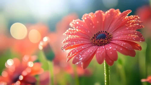Red Gerbera Daisy Drenched Rain Droplets Close-Up