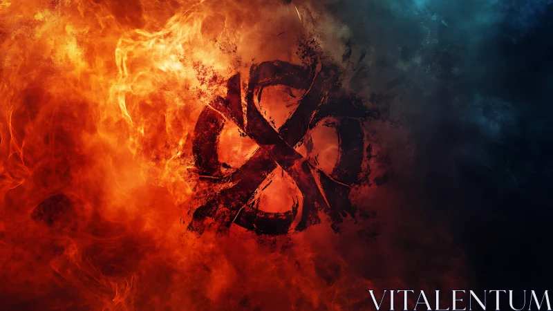 Abstract geometric form dissolves within intense orange and blue flame effects