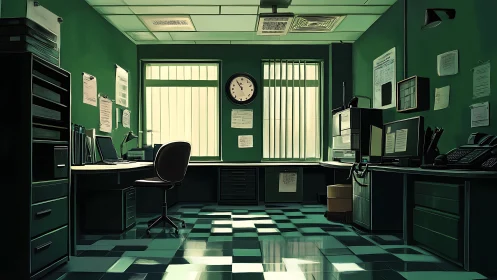 Sunlit retro office interior waits in quiet stillness.