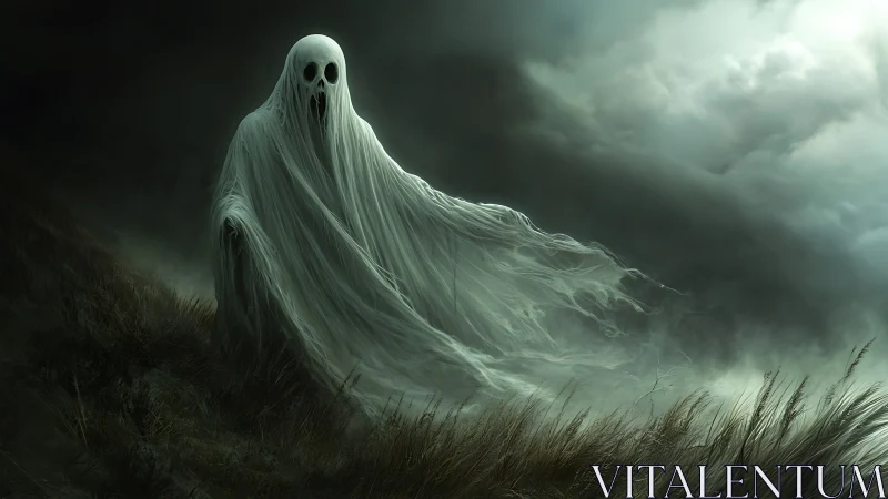 Ethereal spectral figure drifts across stormy hillside terrain