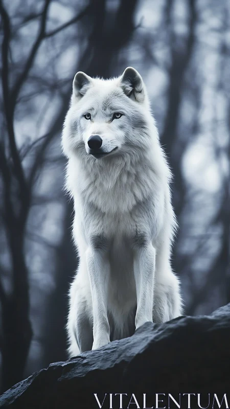 White wolf stands on dark rock in overcast forest setting