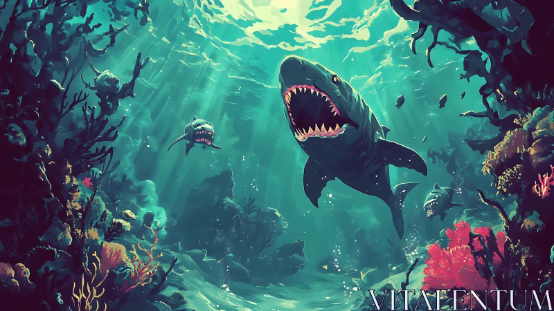 Roaring sharks glide through a sunlit reef with wild energy