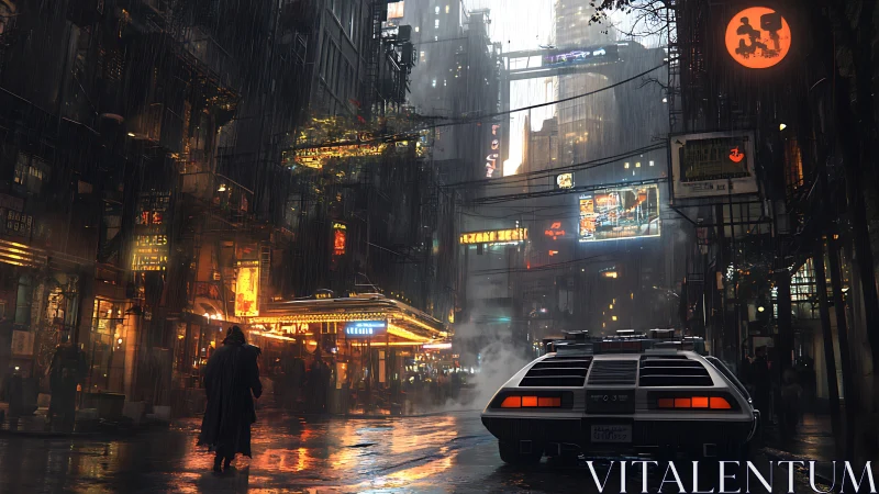 Rain soaked cyberpunk street with retro future car at night.