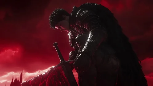 Brooding dark knight kneels over bloodied sword at dusk