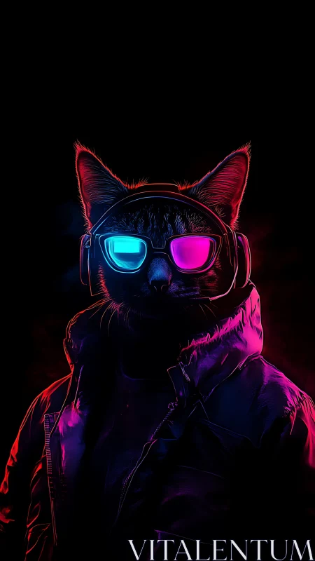 Neon-lit cool cat wearing glowing glasses and a slick jacket