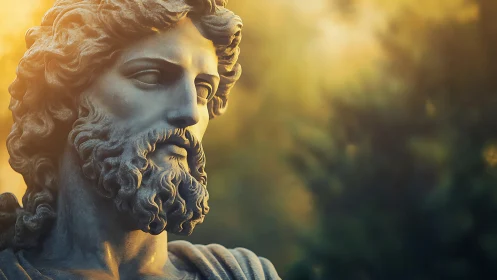 Sunlit stone philosopher gazes through a golden hush.