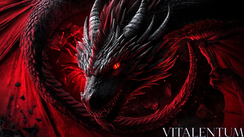 Infernal red dragon coils in volcanic ash and embers.