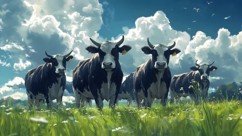 Curious cows gathered under big, storybook summer clouds.