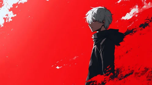 Side-lit white-haired figure in stark red negative space field.