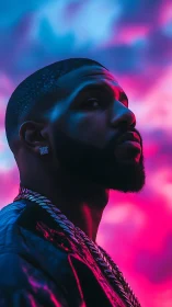 Man in neon backlight looks upward against vivid sky