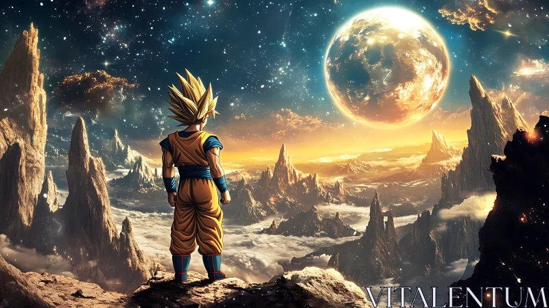 Saiyan figure observing layered alien mountain landscape.