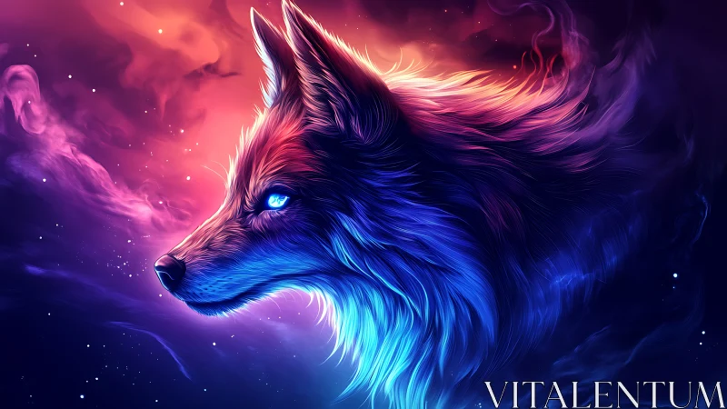 Nebula-coated starwolf gazing through prismatic nightfall.