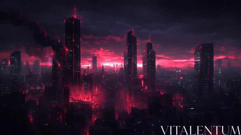 Cyberpunk megacity skyline in crimson atmospheric backlight.