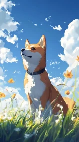 Cel-shaded Shiba dog rendered in low-angle field composition