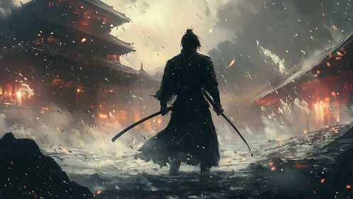 Lone samurai confronts burning temple in stormlit battlefield.