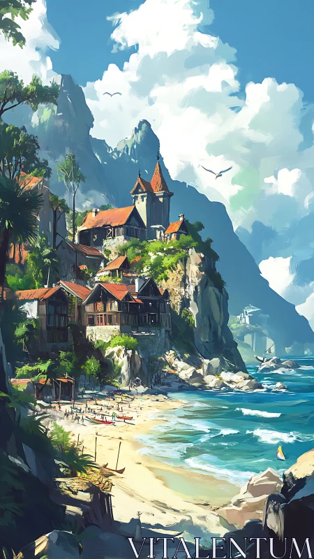 Fantasy Coastal Castle: Digital Landscape with Medieval Architecture.