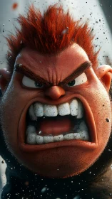 3D close-up of enraged cartoon character head in motion.
