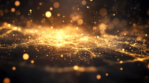 Abstract golden light network with glowing particles, digital art style.