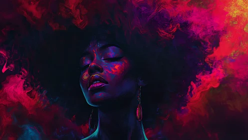 Vivid neon portrait of woman surrounded by swirling color.