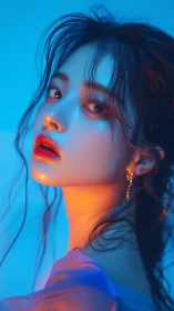 Neon-lit gaze in electric dusk, skin glowing like quiet fire.