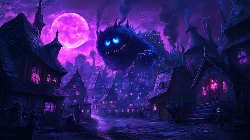 Moonlit haunted town with large glowing-eyed monster.