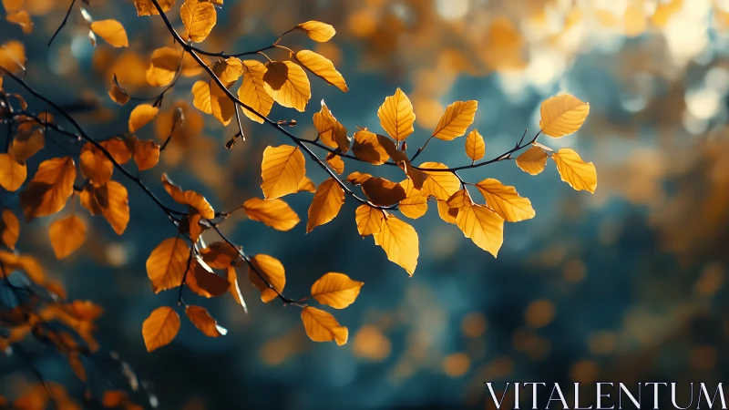 Autumn branch with vivid orange leaves in soft focus background.