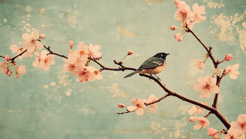 Songbird rests among pastel cherry blossoms in spring.