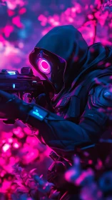 Cyberpunk cloaked sniper in neon flora environment portrait.