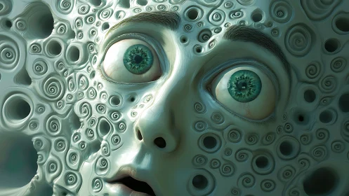 Surreal spiral-eyed visage rendered in biomorphic teal textures.