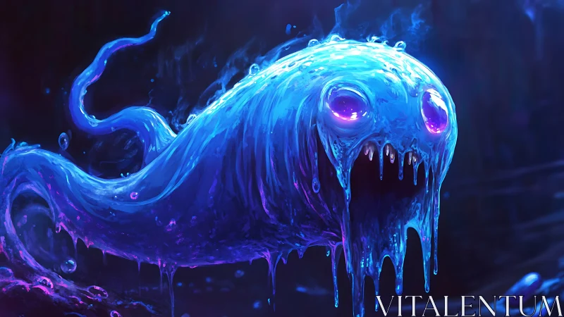 Glowing slime specter drips neon blue in dark cavern