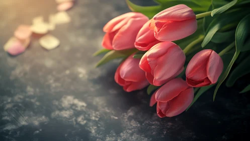 Blush-tipped tulip chorus resting on a moody marble night.