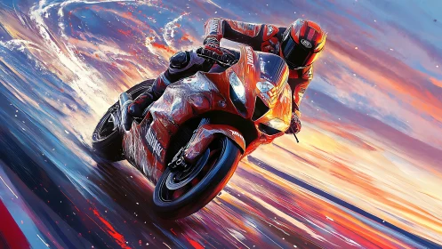 Sportbike racer cuts blazing streak through neon sunset track.