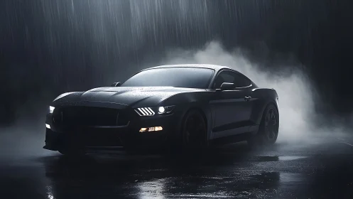 Black sports car in heavy rain on wet dark city street.